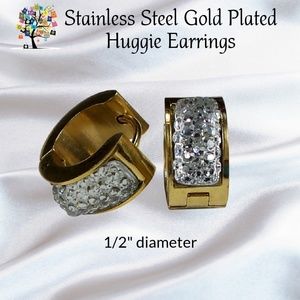 Gold Plated Stainless Steel Round Huggies Earrings Pave Stones